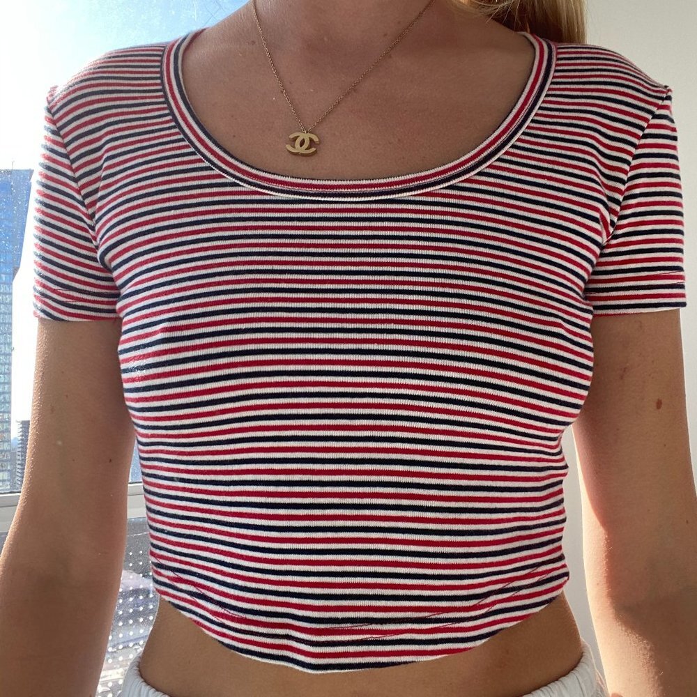 American Apparel White Blue & Red Striped Top size S